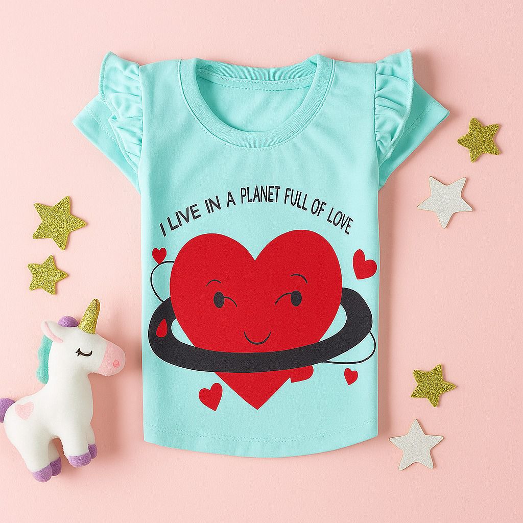 Love Planet: Light Blue-Green T-Shirt with Heart Graphic and Ruffled Sleeves