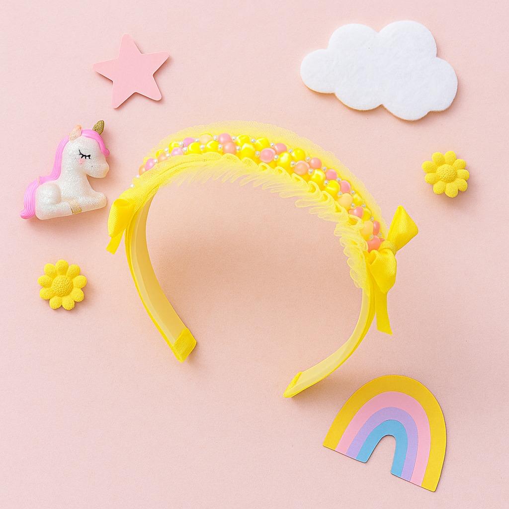 Yellow Pearl and Tulle Hairband with Bows