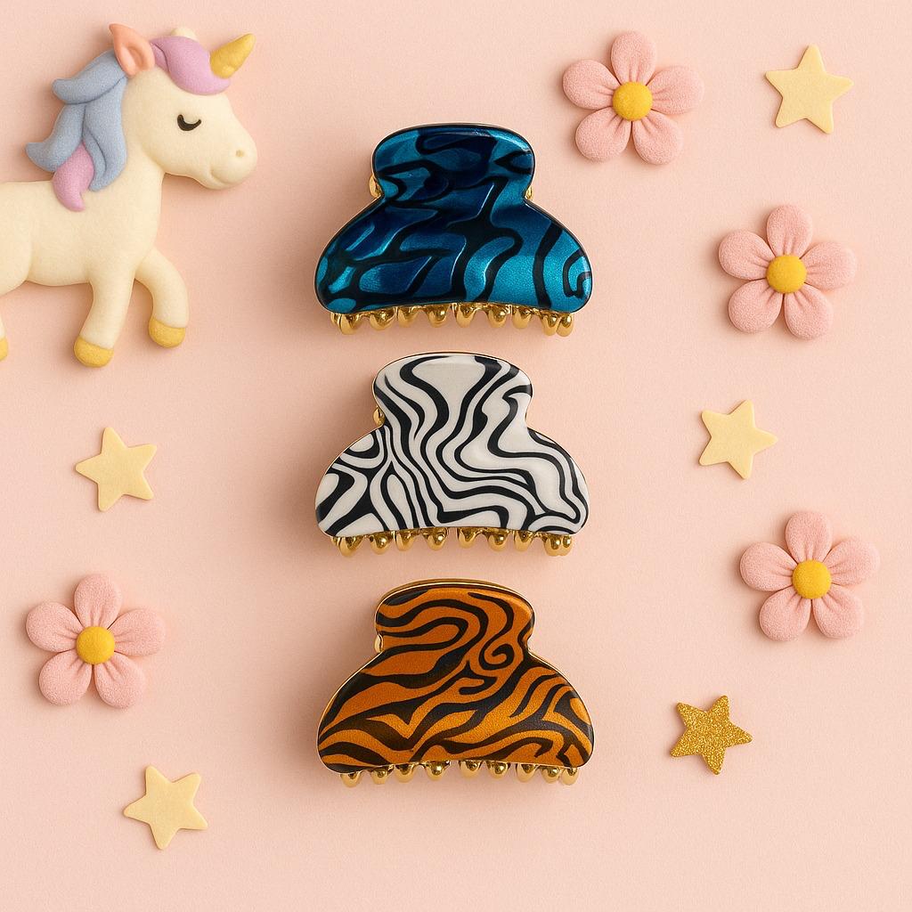 Set of Three Patterned Mini Claw Hair Clips