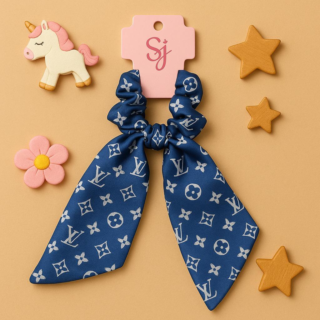 Blue and White Designer Print Hair Scarf Scrunchie