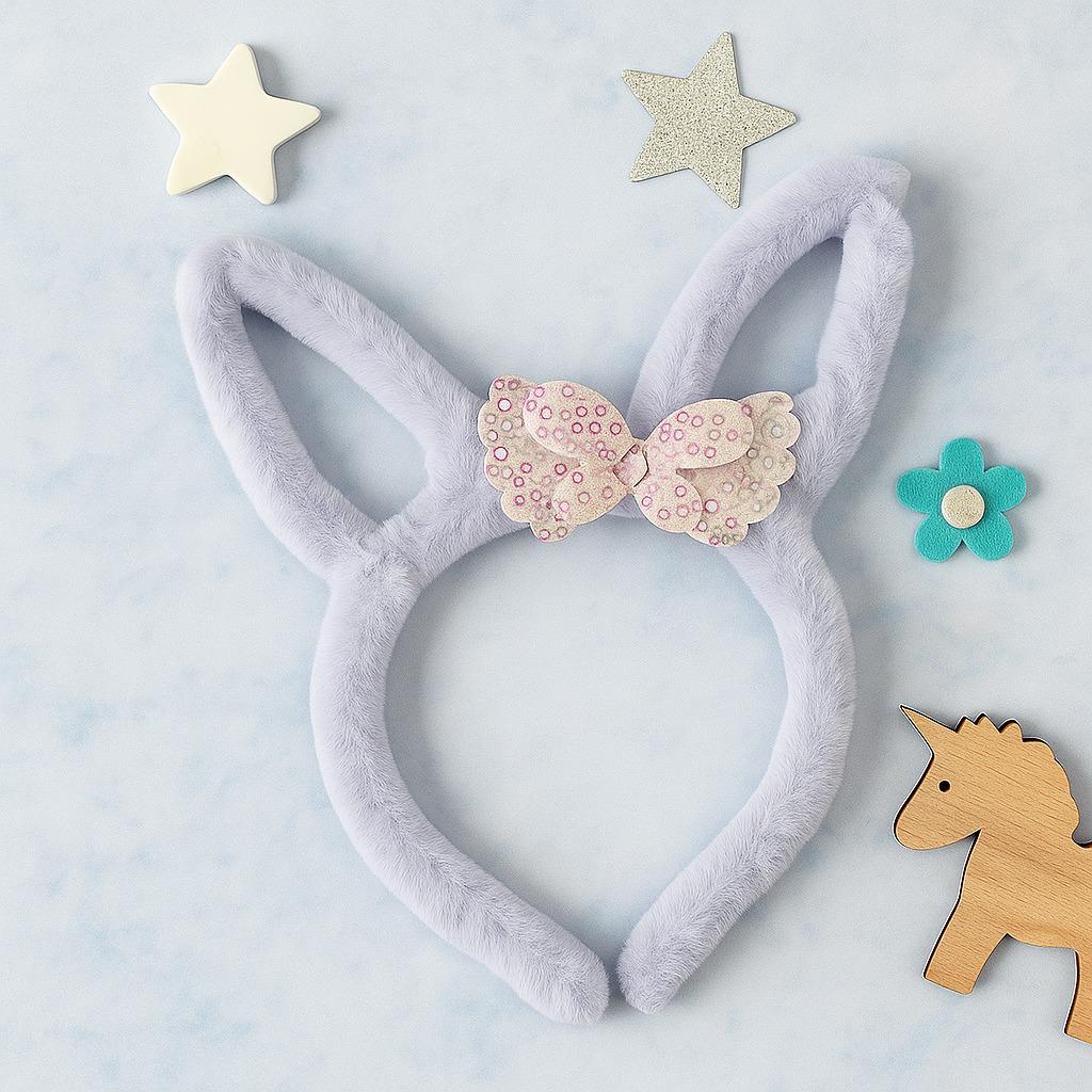 Plush white Bunny Ears Hairband with Floral Bow
