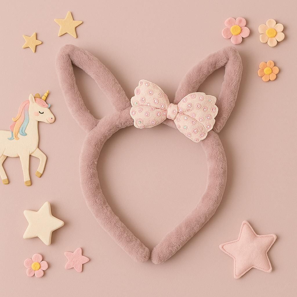 Plush Light Pink Bunny Ears Hairband with Floral Bow