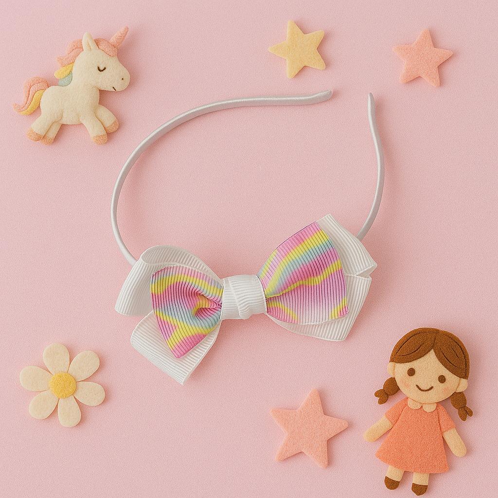 Silver Hairband with Pastel Striped Ribbon Bow