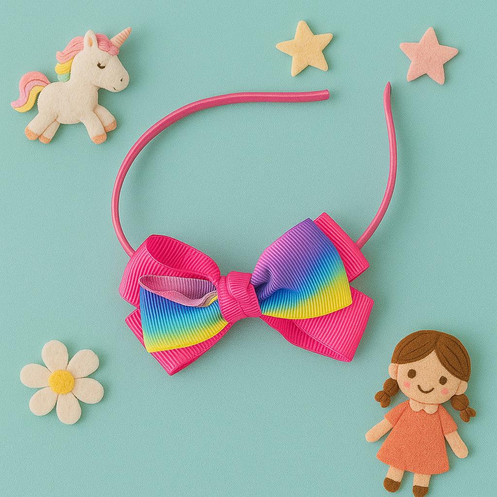 Hot Pink Hairband with Rainbow Ribbon Bow
