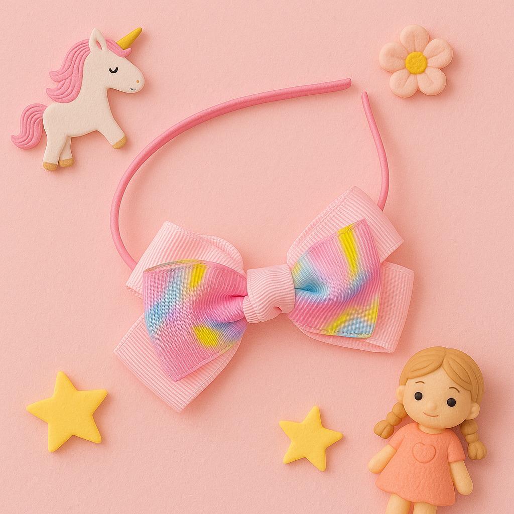 Light Pink Hairband with Pastel Tie-Dye Ribbon Bow