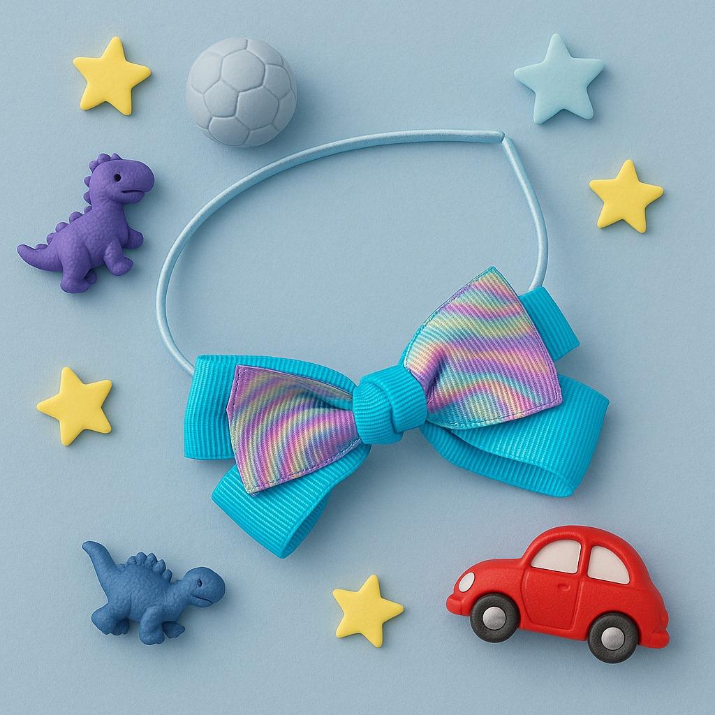 Light Blue Hairband with Iridescent Stripe Ribbon Bow