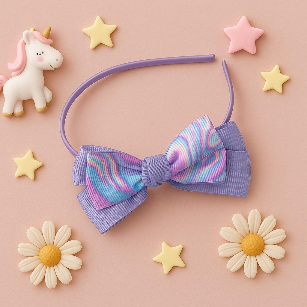 Lavender Hairband with Iridescent Swirl Ribbon Bow