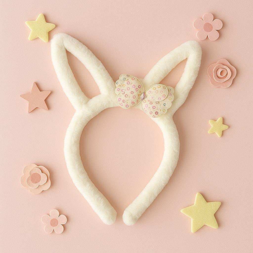 Plush White Bunny Ears Hairband with Floral Bow