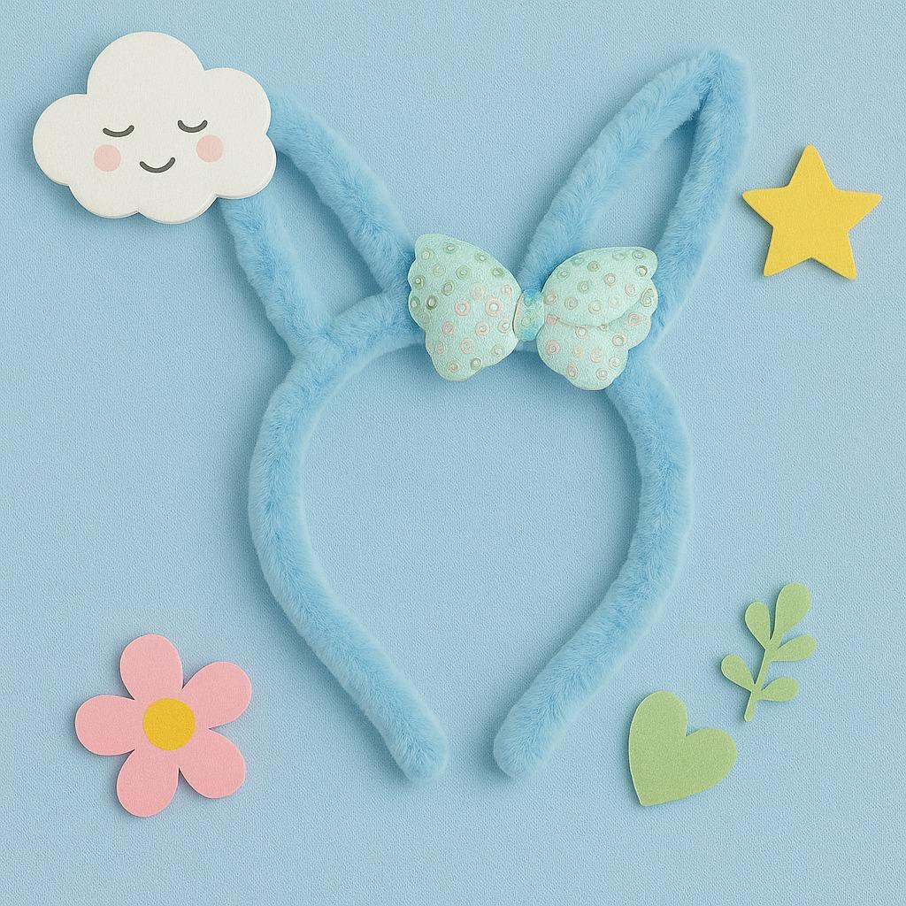 Plush Light Blue Bunny Ears Hairband with Floral Bow