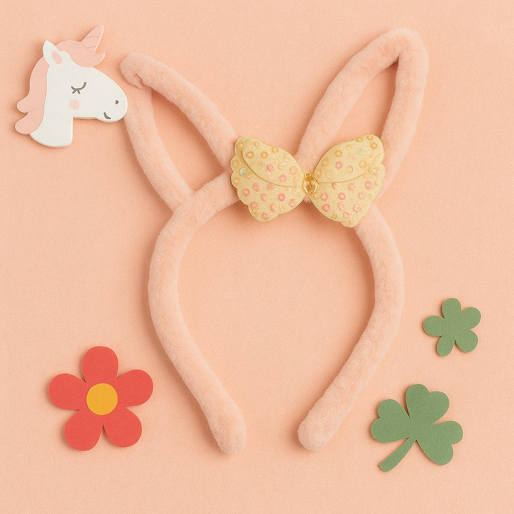 Plush Peach Bunny Ears Hairband with Floral Bow