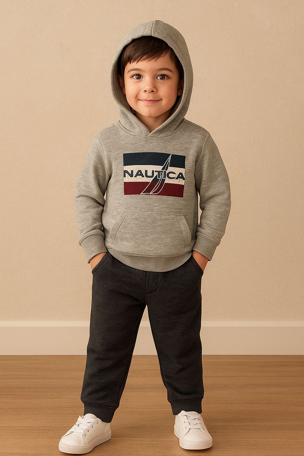 Nautica Toddler Heather Gray Hoodie & Charcoal Jogger Tracksuit Set | Color Block Logo
