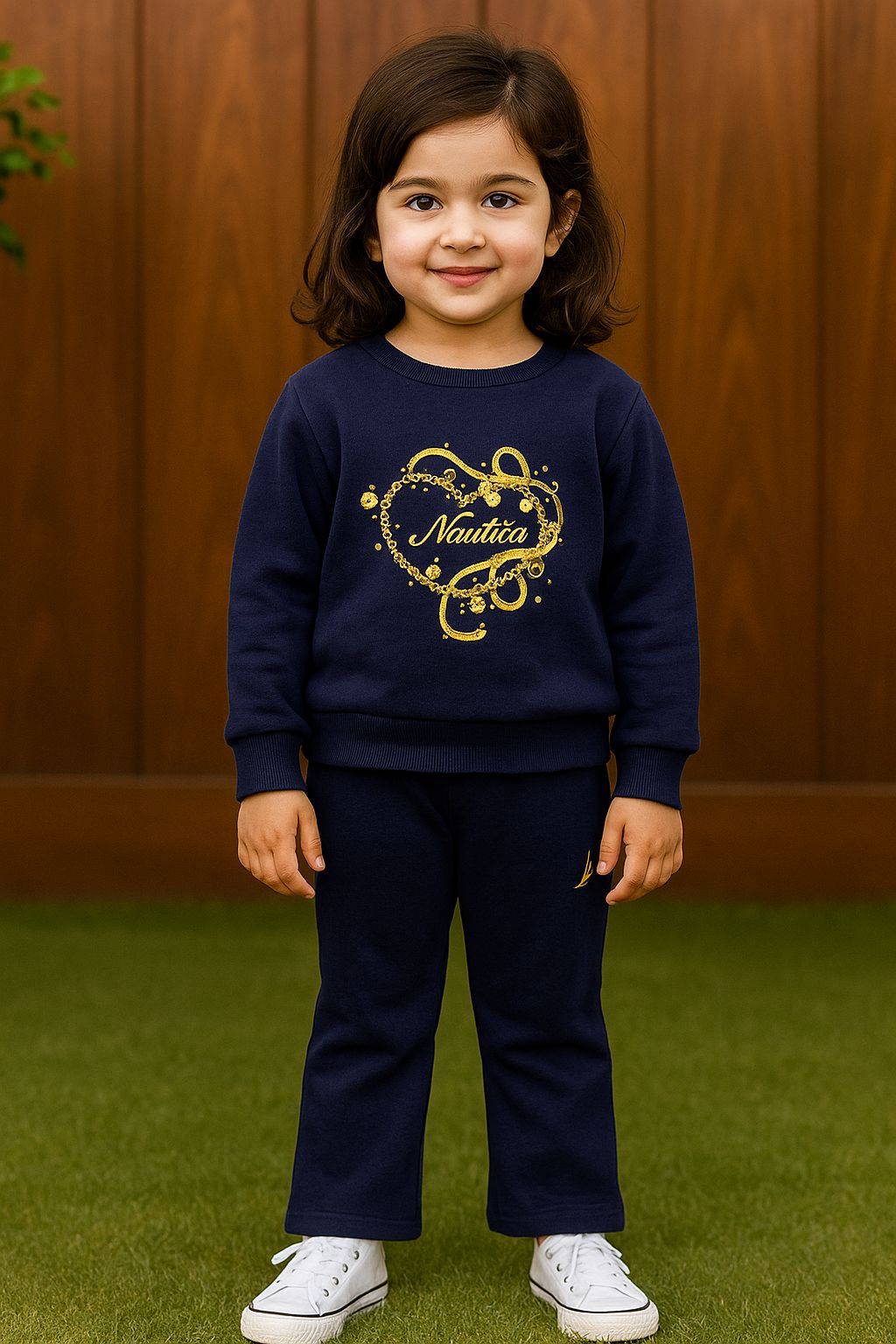 Nautica Girls' Navy & Gold Heart Graphic Pullover Sweatshirt & Track Pants Set