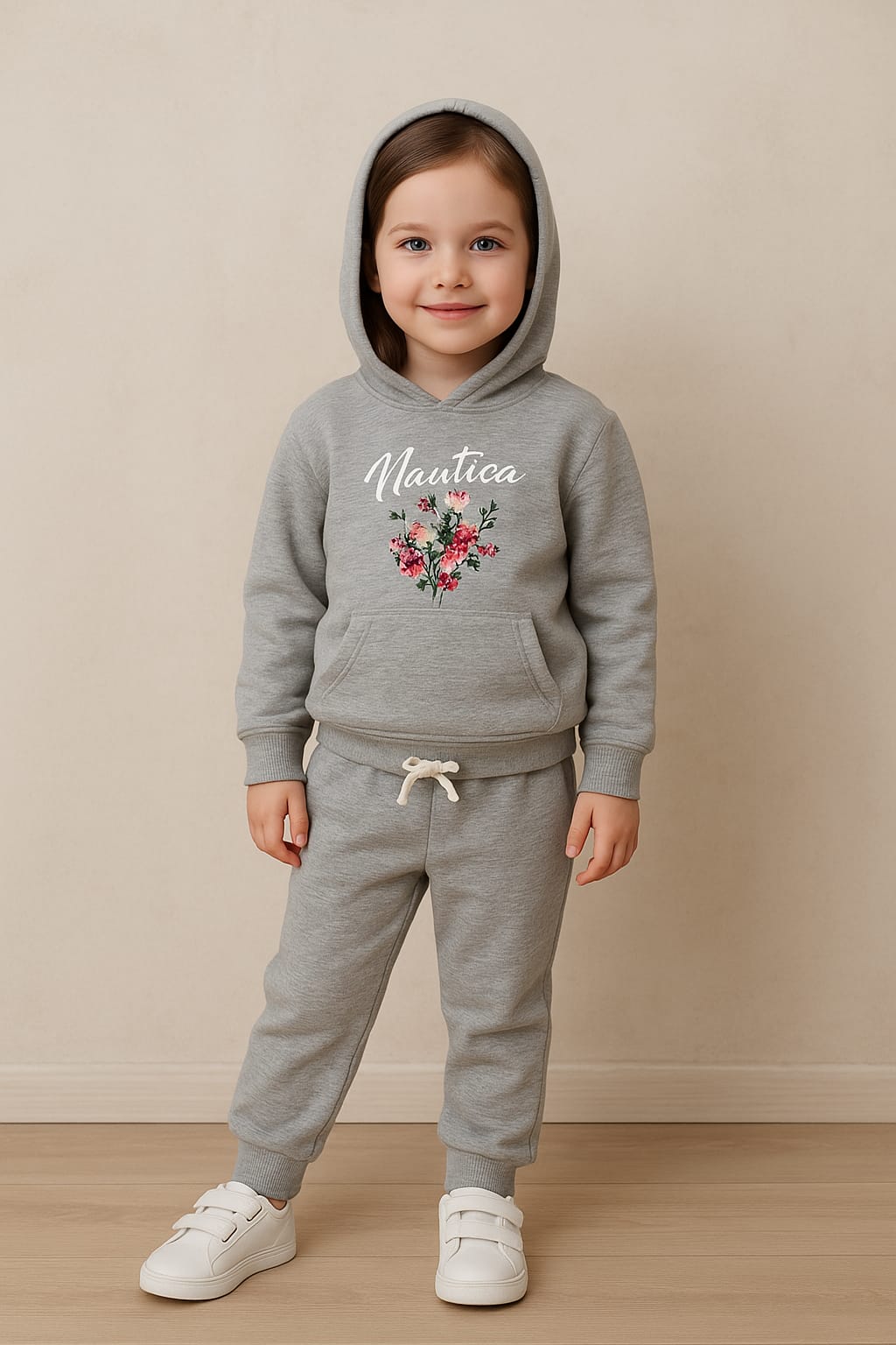 Nautica Girls' Heather Gray Floral Graphic Pullover Hoodie & Jogger Tracksuit Set