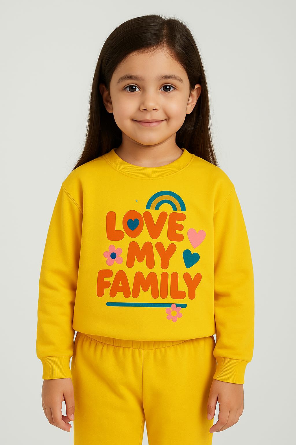Bright Yellow  Branded Fleece Sweatshirt and Jogger Set with 'Love My Family' Graphic